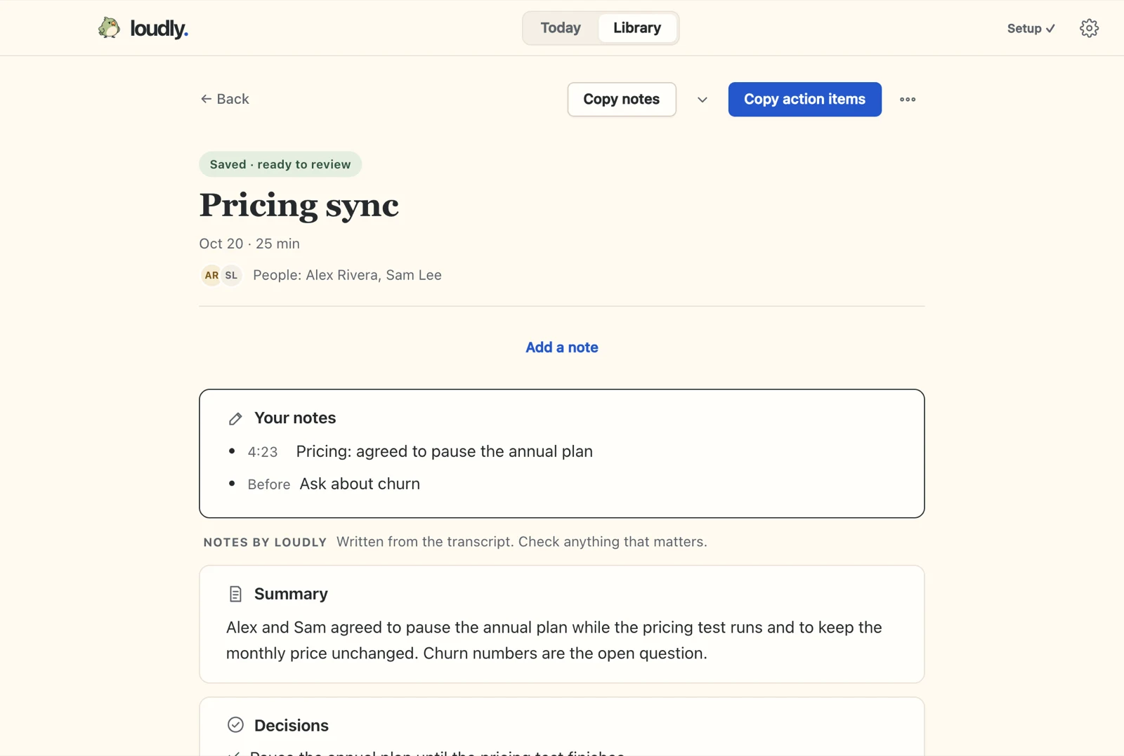 A saved meeting with your notes and a summary, Copy notes and Copy action items.