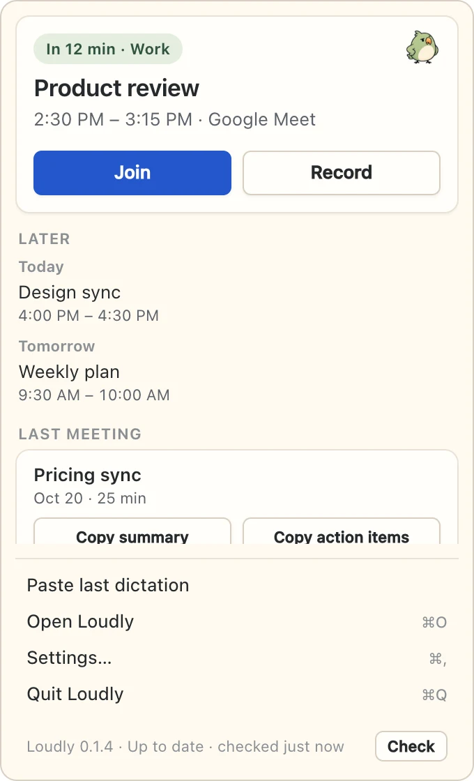 The menu bar popover: Product review in 12 minutes, with Join and Record.