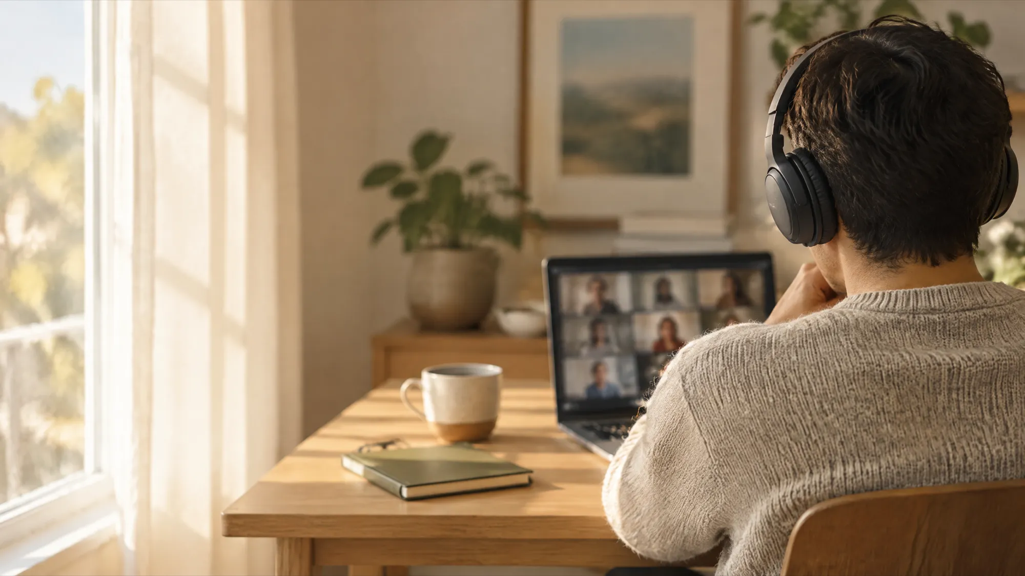 Seen from behind, a person with headphones on a video call at a sunny oak desk.